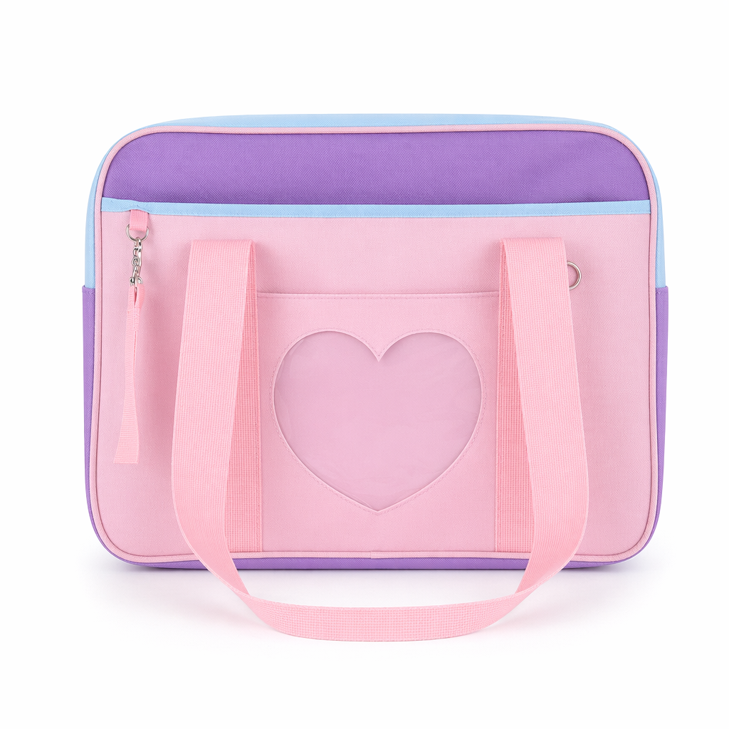 Kawaii Pastel Duffle Bag with Transparent Hearts Patchwork