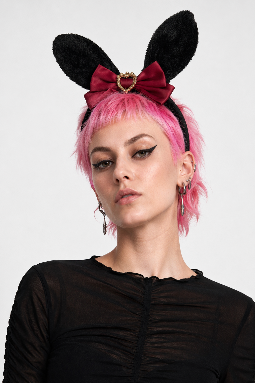 Luxurious Bunny Ears Headband with Satin Ribbons and Jewels Black