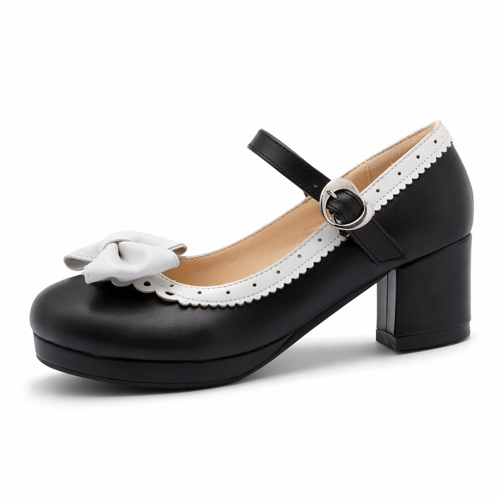 Sweet Lolita Heels with Lace Trim and Bow in Toe Version Black