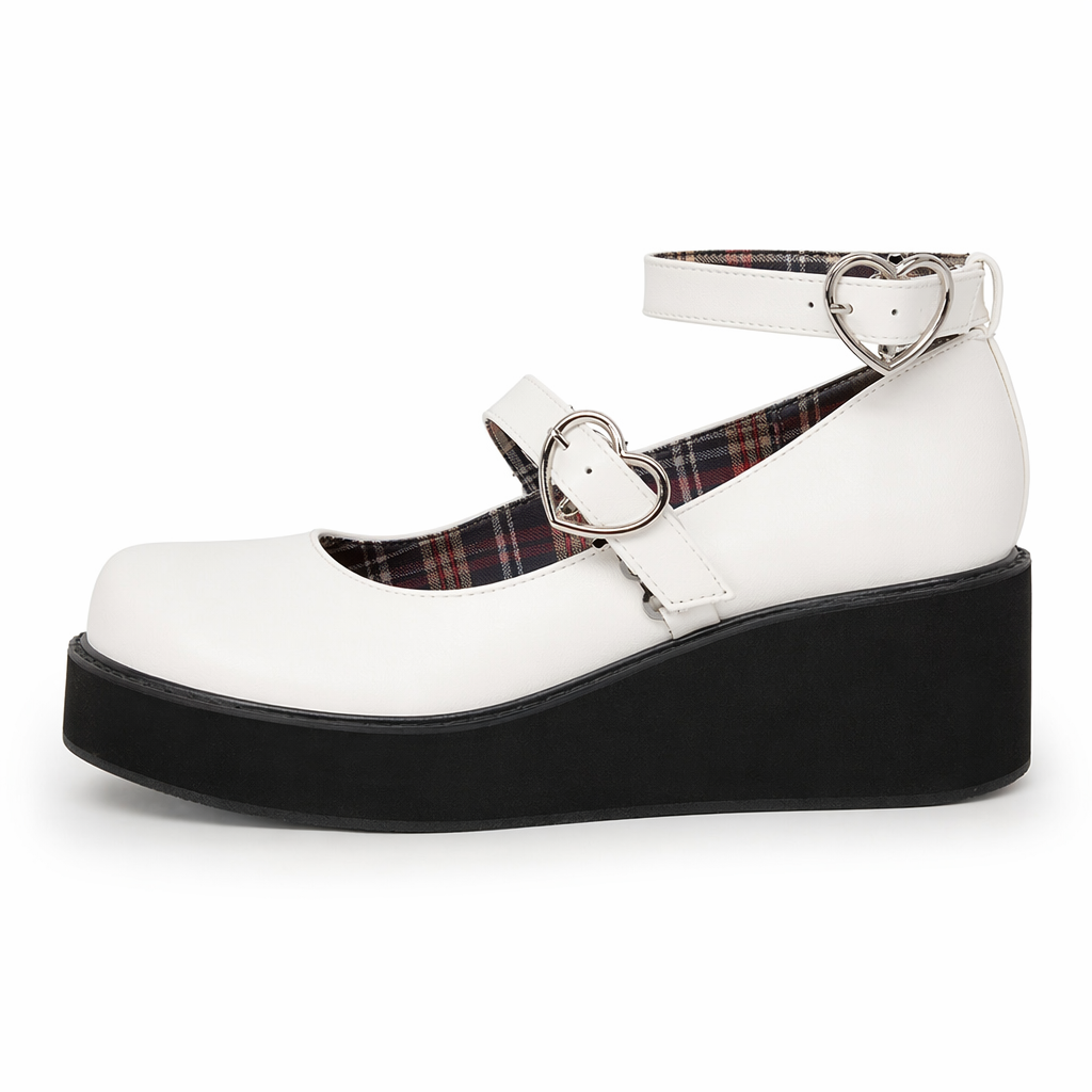 Traditional Lolita Low-Heel Platform Wedge with Tartan Plaid Interior White
