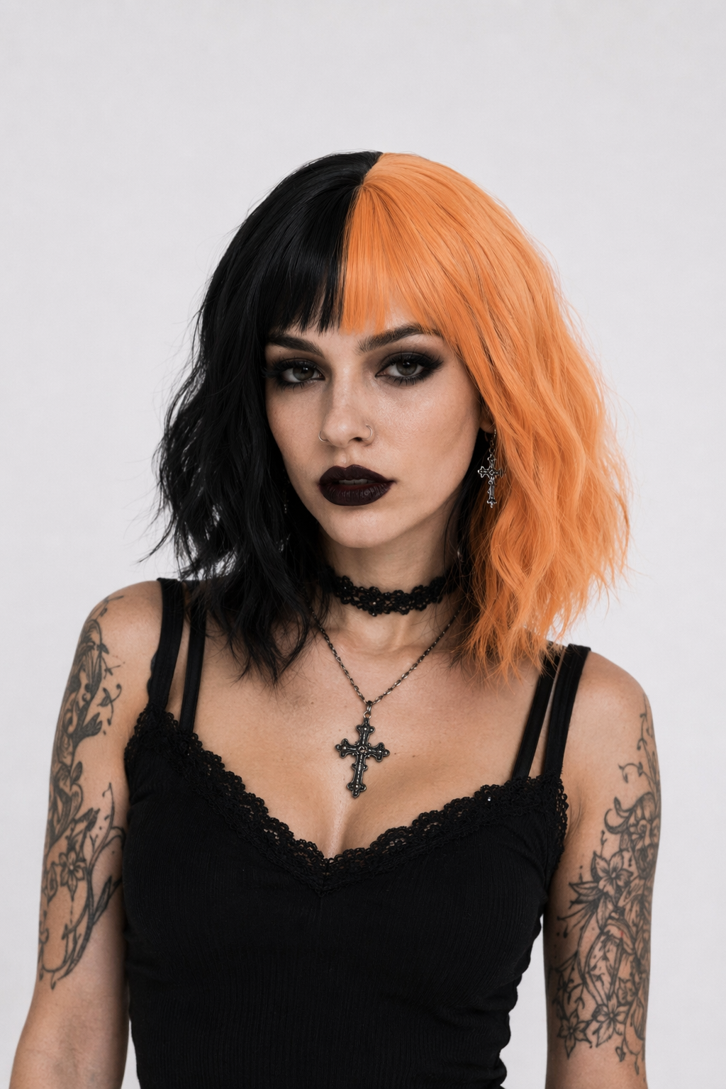 Orange and Black Two Tone Medium Length Lolita Wig in New Condition Wig Without Horns