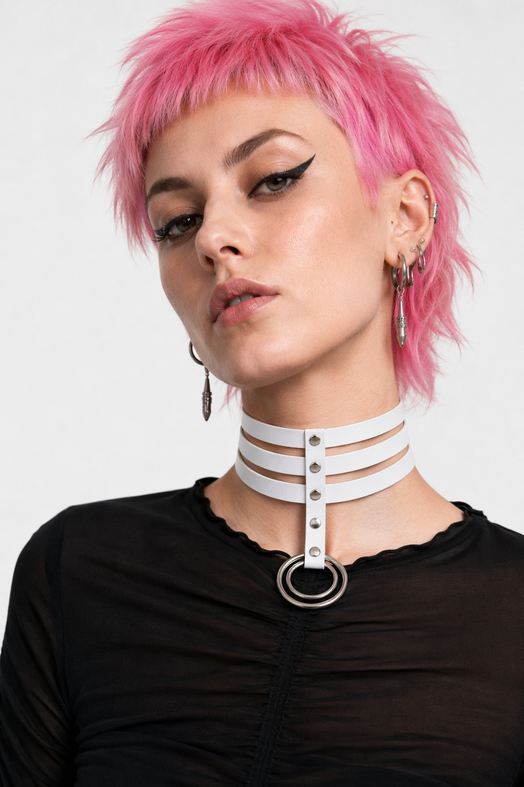 Vegan Leather High Elongated Collar with Built-in O-Ring Hook White
