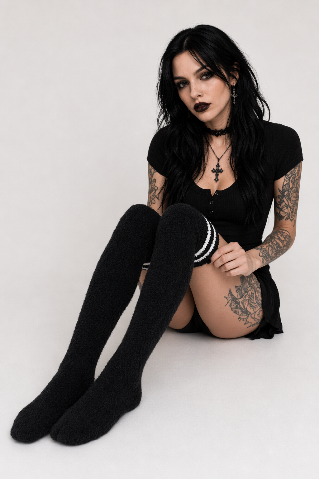 Cozy Fuzzy Thigh Highs for Kawaii Fashion Lovers Black