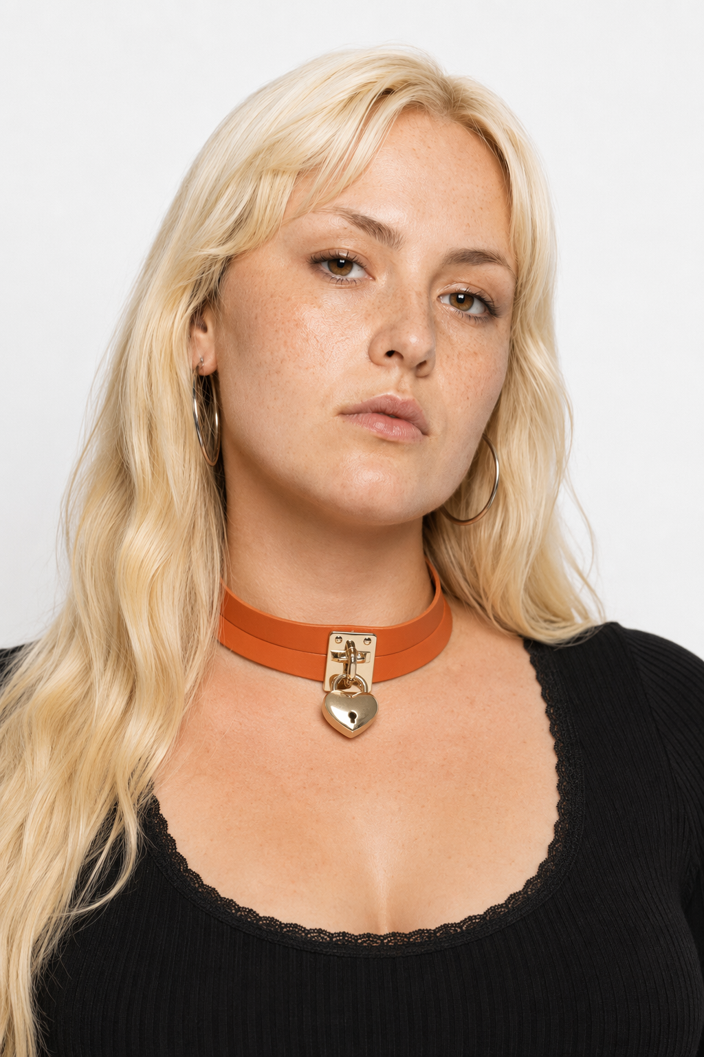 High Quality Vegan Leather Heart Locket Choker in Gold Orange