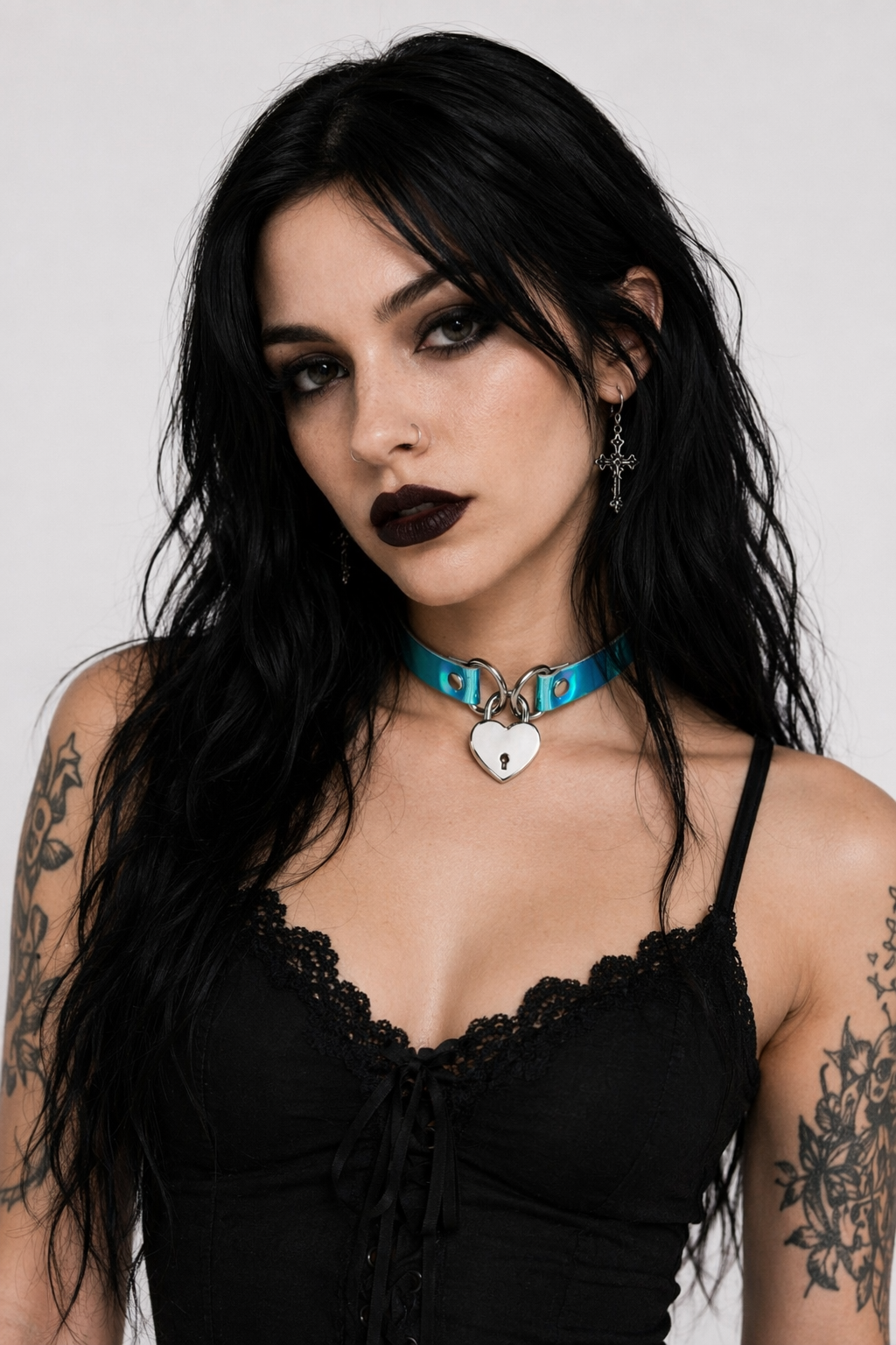 Holographic Lock and Key Choker Collar with Metal Locket Blue