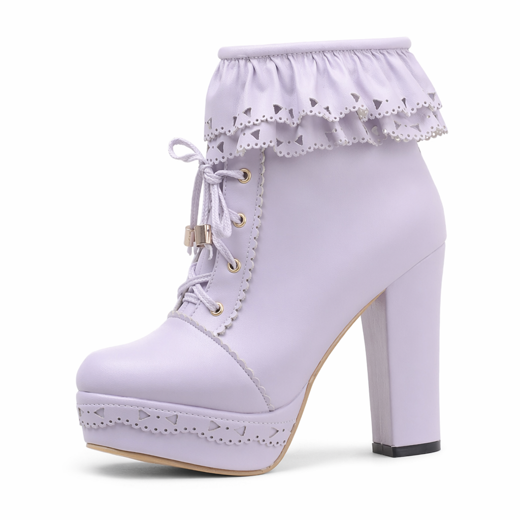 Sweet Lolita Booties with Ruffled Trim and Comfortable Design Purple