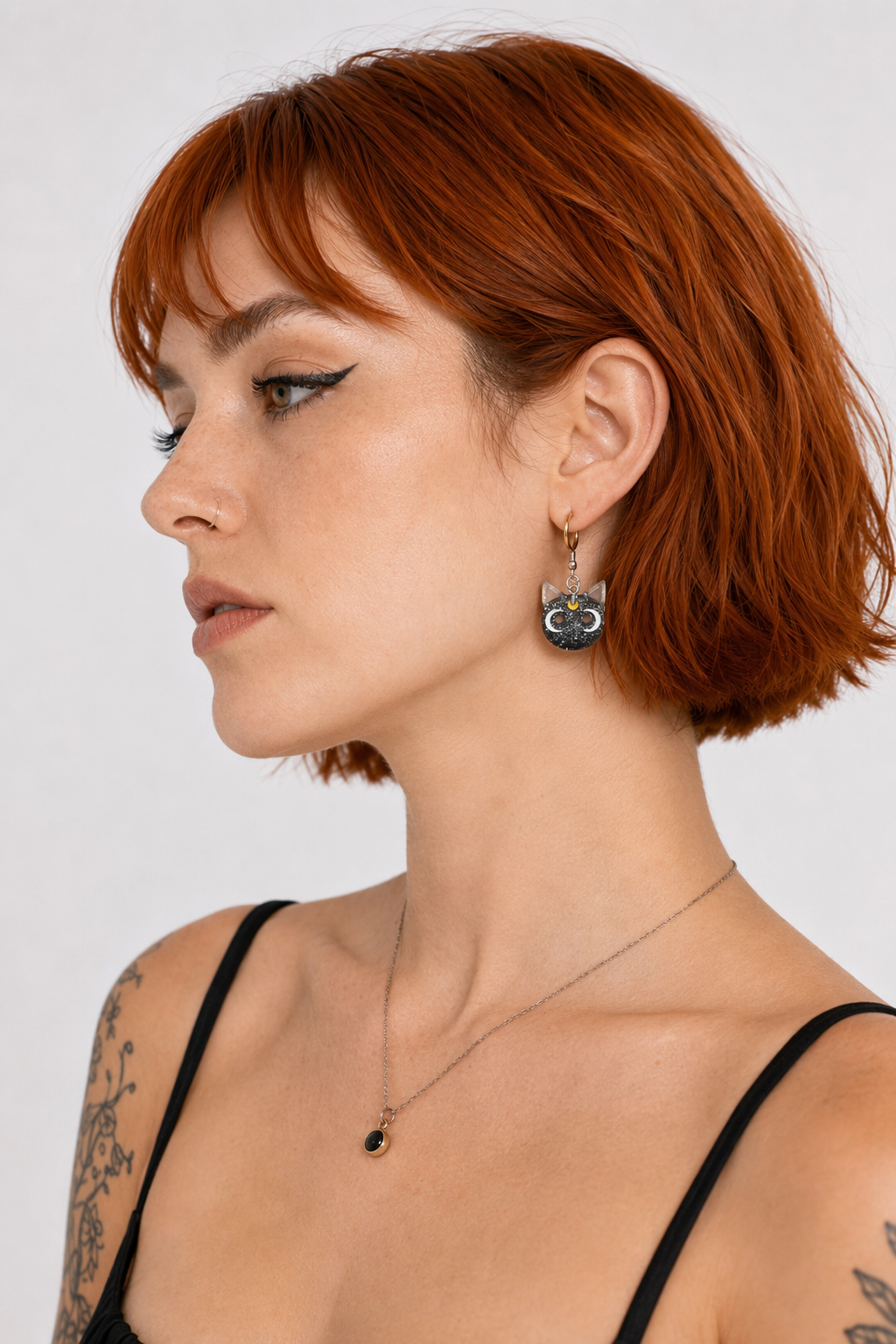 Glittery Cat Earrings with Half Moons in Resin Art Black
