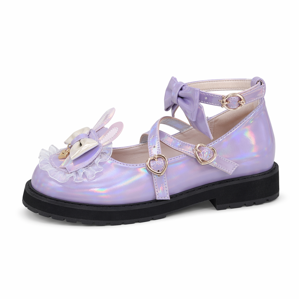 Holographic Bunny Ear Lolita Shoes for Kawaii Style Purple