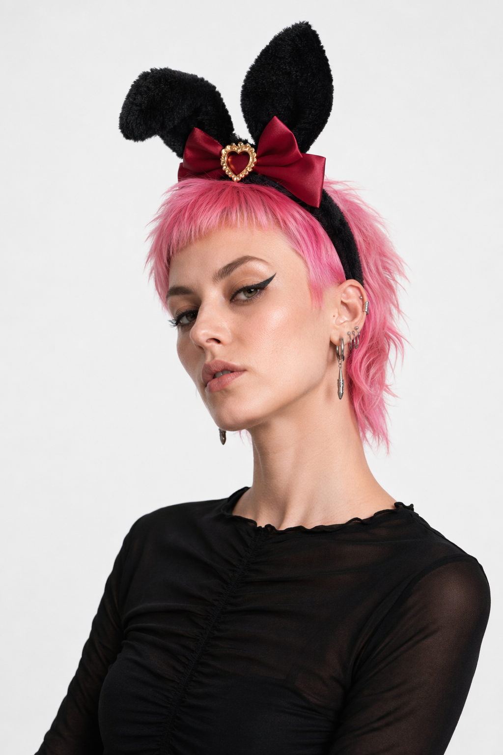 Luxurious Bunny Ears Headband with Satin Ribbons and Jewels Black