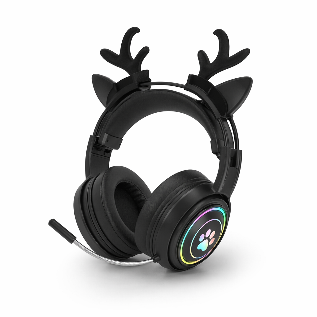 Interchangeable Deer Antler Neko Headset for Gamers and Streamers Black