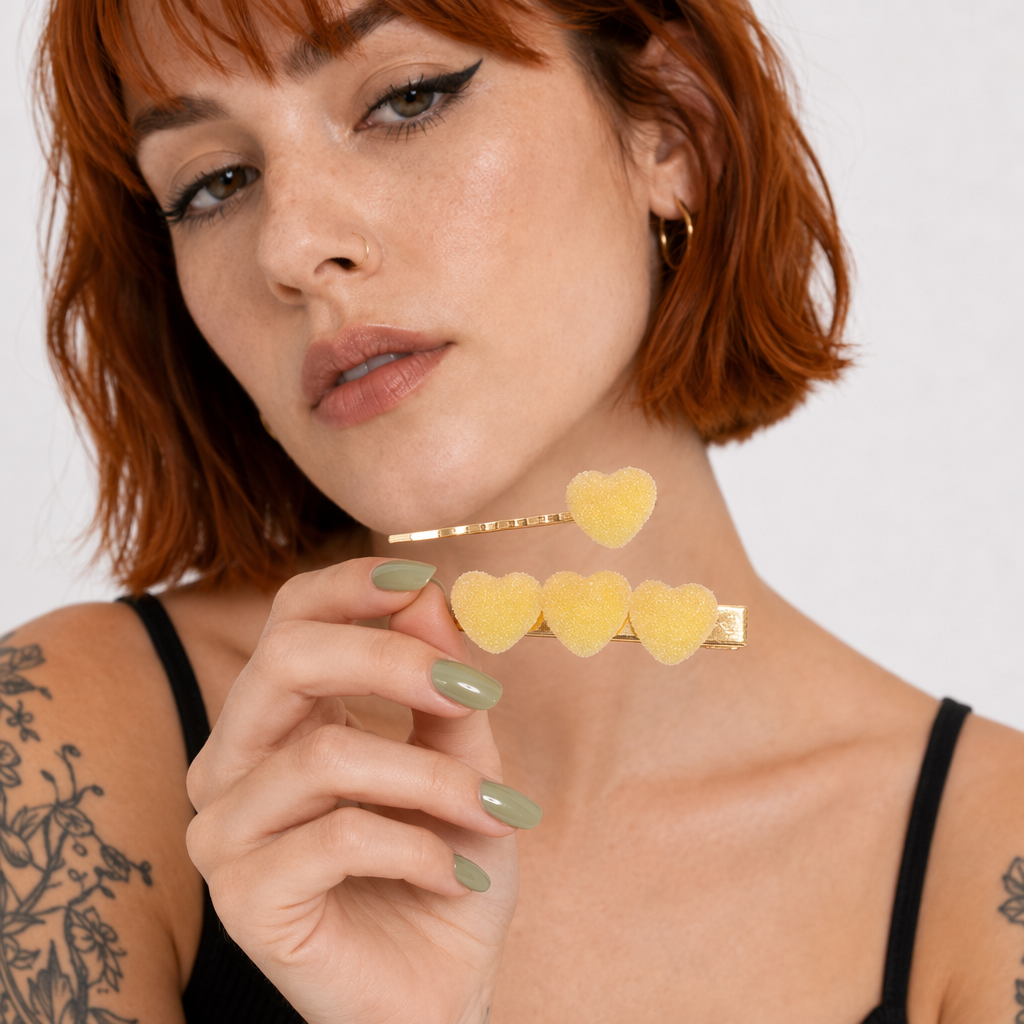 Handcrafted 3D Heart Shaped Sugar Candy Hair Clips Yellow