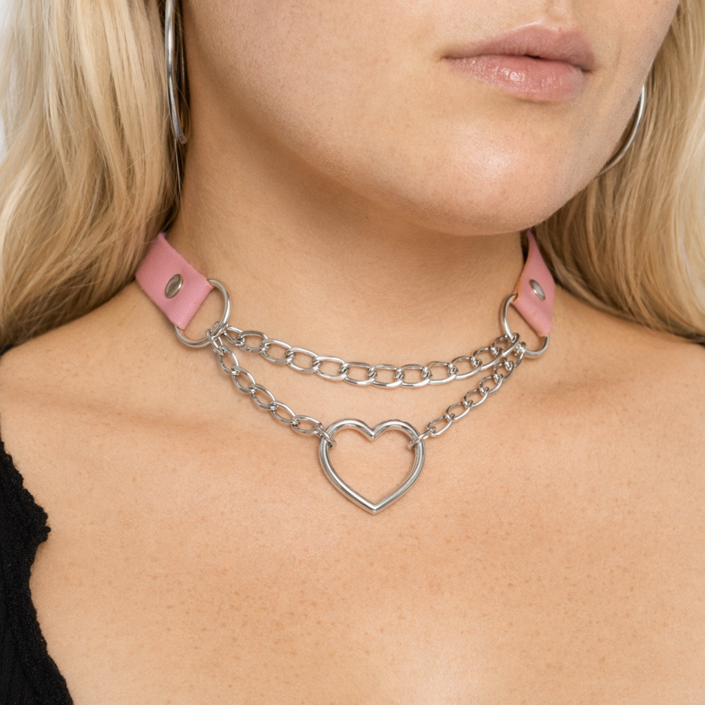 Thick Vegan Leather Chained Heart Choker Necklace Pink