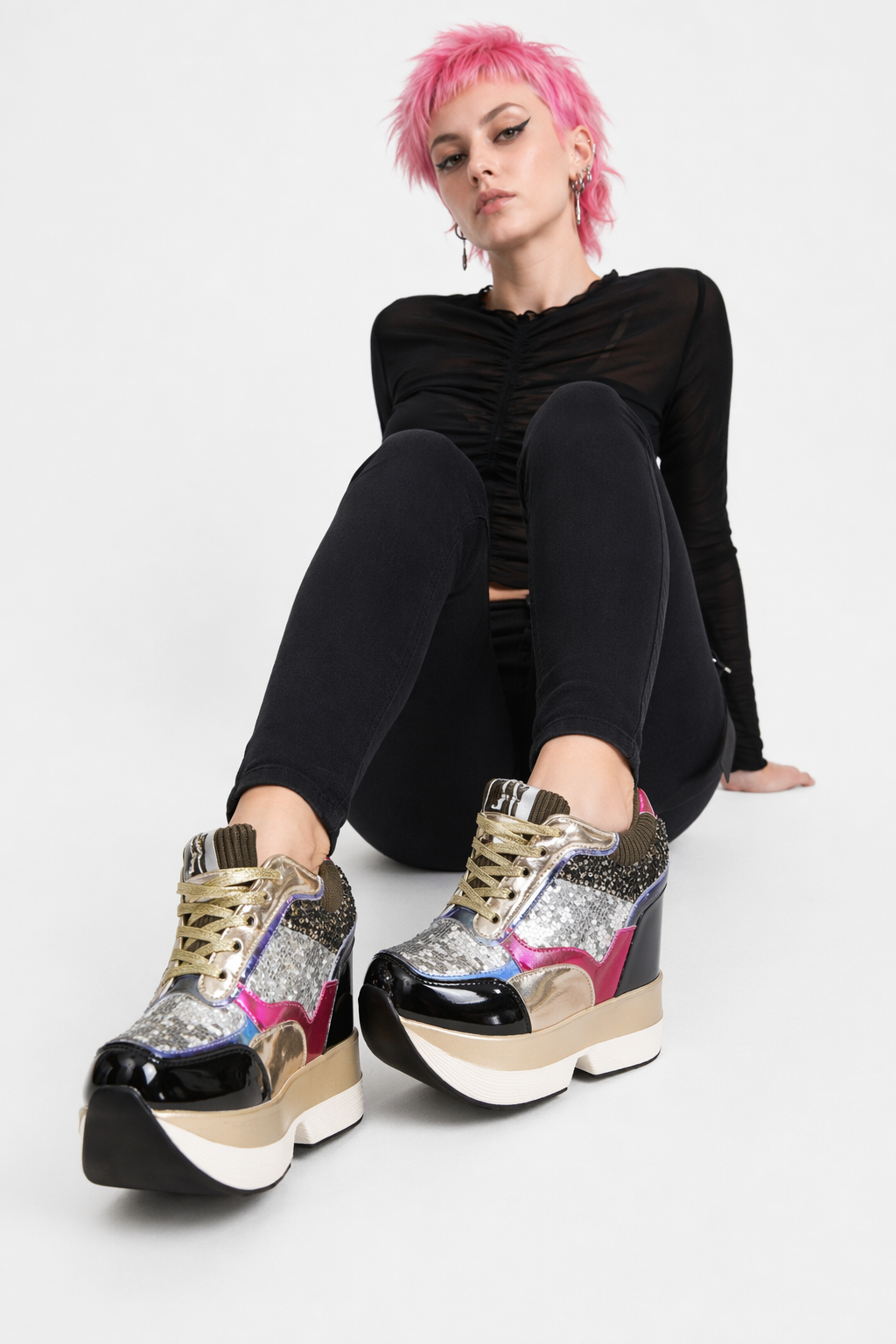 Kawaii Punk Rock Sequin Shoes Inspired by Harajuku Street Fashion Khaki