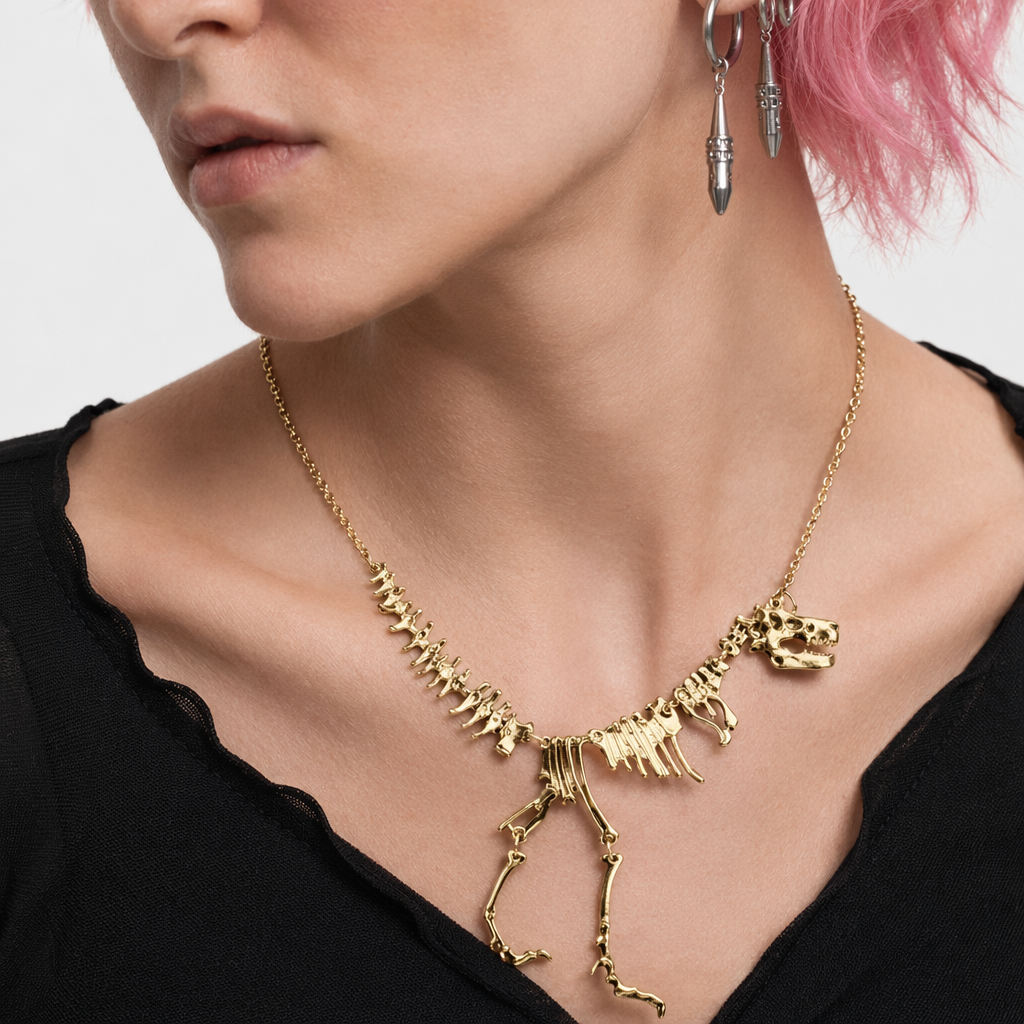 Cute T-Rex Bone Necklace in Black, Gold, or Silver Plated Hardware Gold