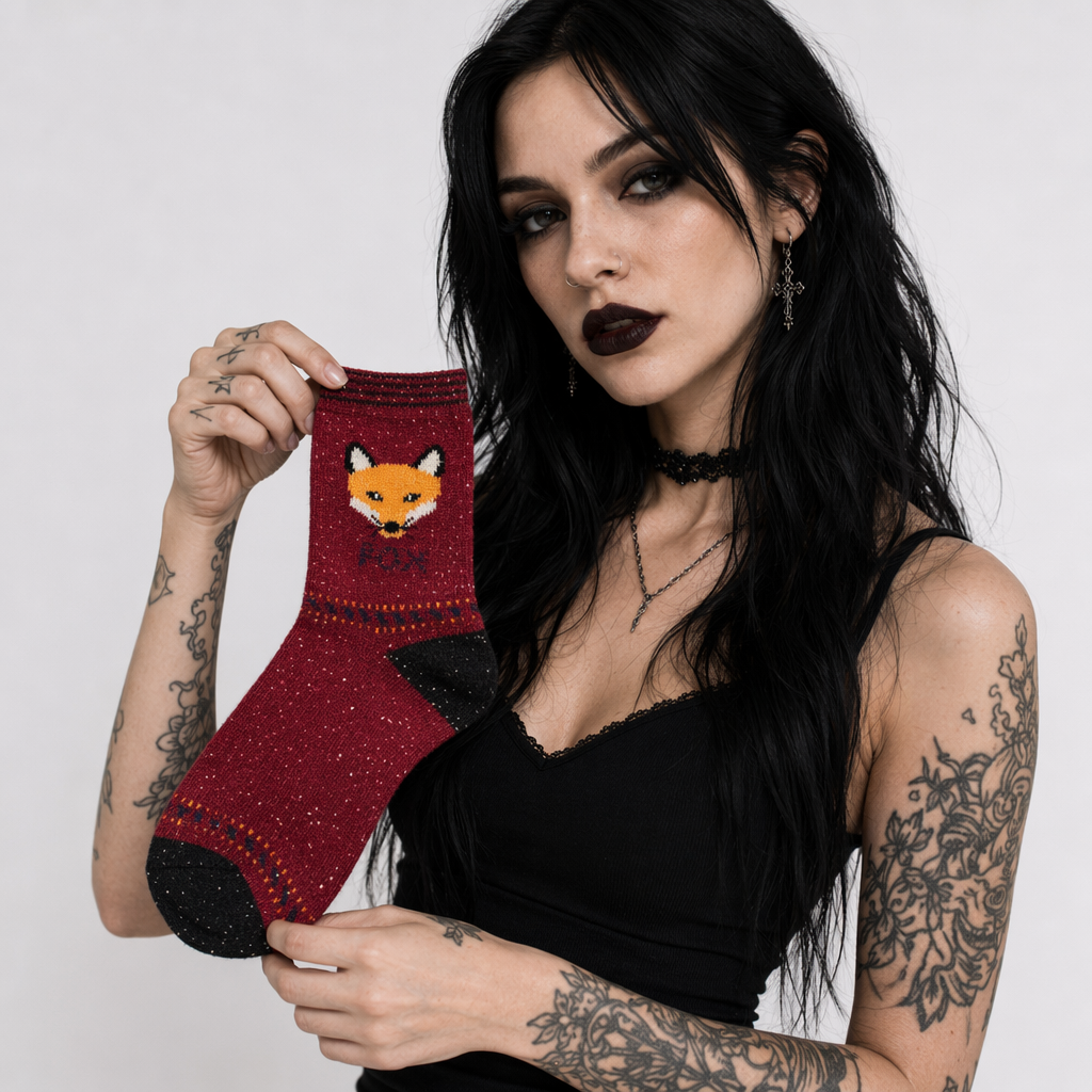Snow Fox Christmas Socks with Embroidered Design and Vibrant Colors Red Fox