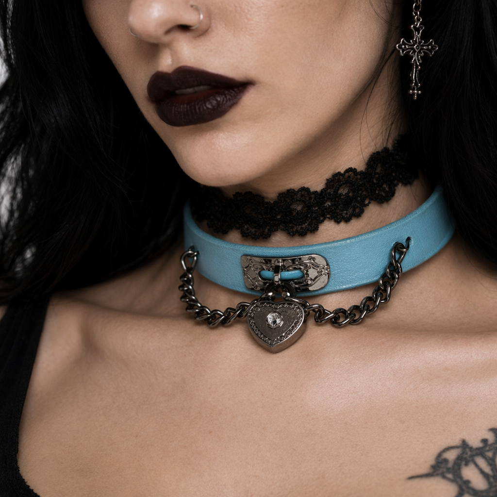 Gothic Victorian Vegan Leather Choker with Heart Locket and Chains Blue