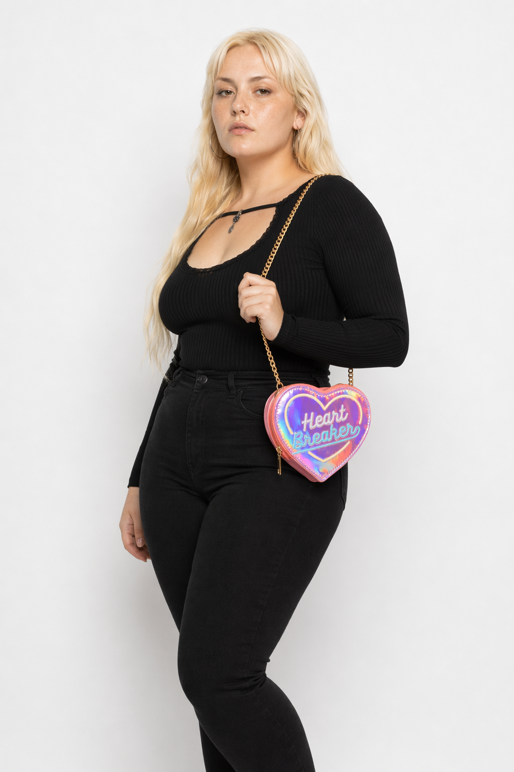 Adorable Heartbreaker Holographic Bag in Heart Shape Pink