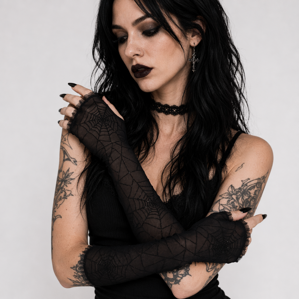 Creepy Cute Spider Web Fishnet Gloves for Gothic Styling Black