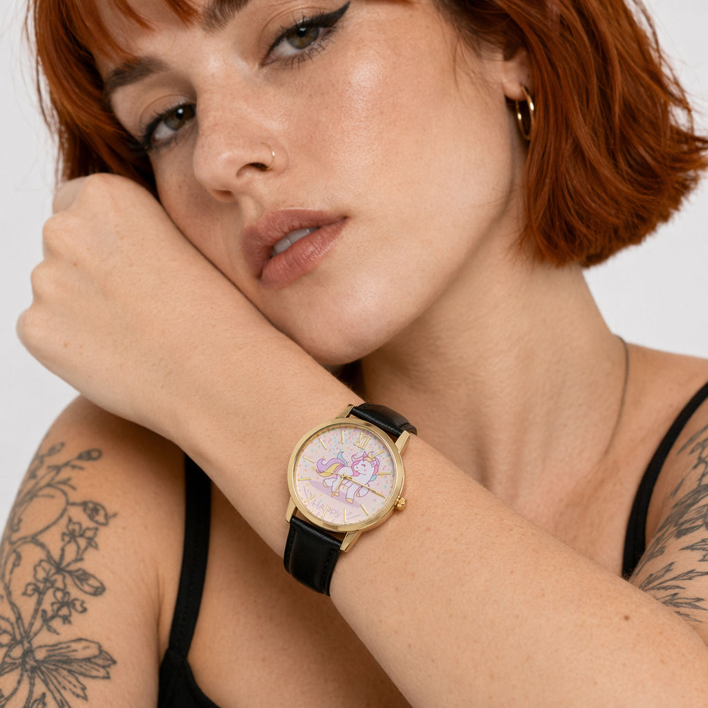 Magical Unicorn Wrist Watch with Gold Plated Hardware and Vegan Leather Black
