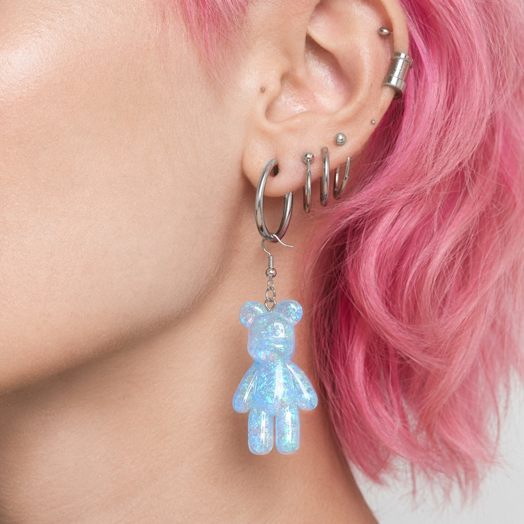 Kawaii Large Bear Earrings in Bright Glittery Colors Light blue