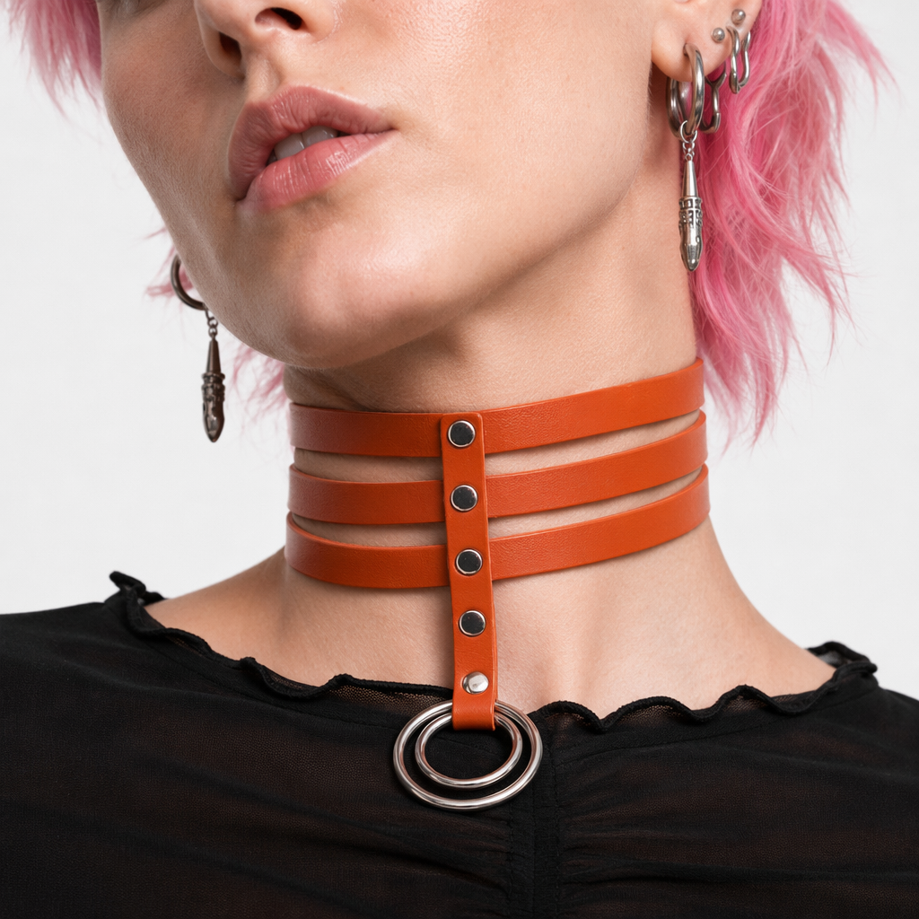 Vegan Leather High Elongated Collar with Built-in O-Ring Hook Orange