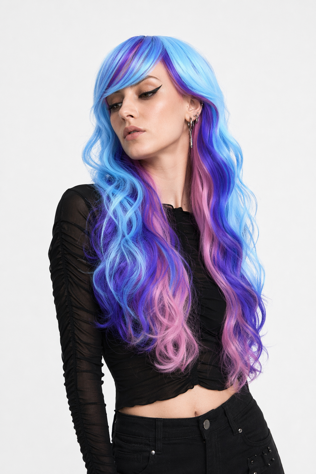 Stunning Long Cosplay Wig with Soft Fringe in Stylish Colors Curly Blue Purple Pink