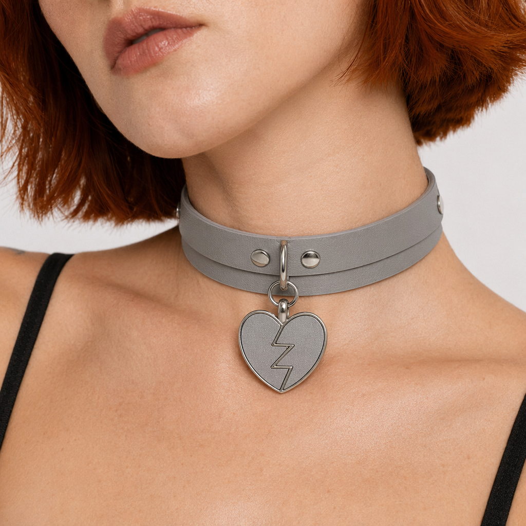 Heart Breaker Vegan Leather Choker for Kinky Princesses Grey Collar