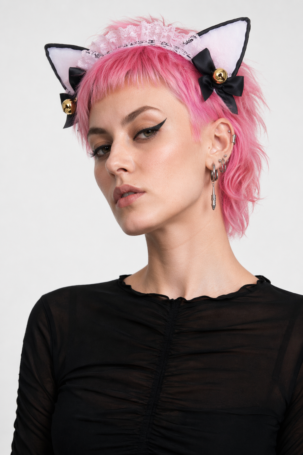 Cute Cat Ear Headband with Gold Bells and Lace Embellishments Pink