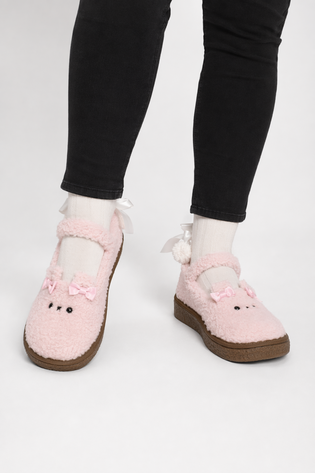 Fuzzy Bear Inspired Maryjane Shoes with Fluffy Faux-Fur and Ribbons Pink