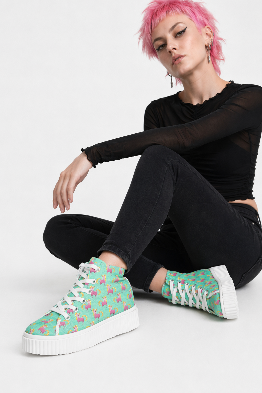 Canvas Hi Top Unicorn Pattern Shoes with Comfortable Wedge Heel Green Unicorn