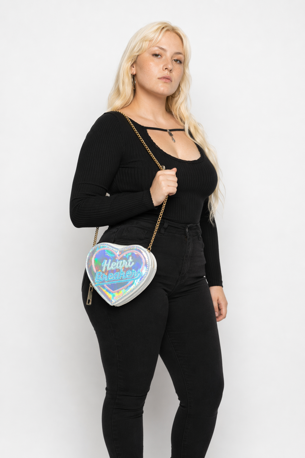 Adorable Heartbreaker Holographic Bag in Heart Shape Silver