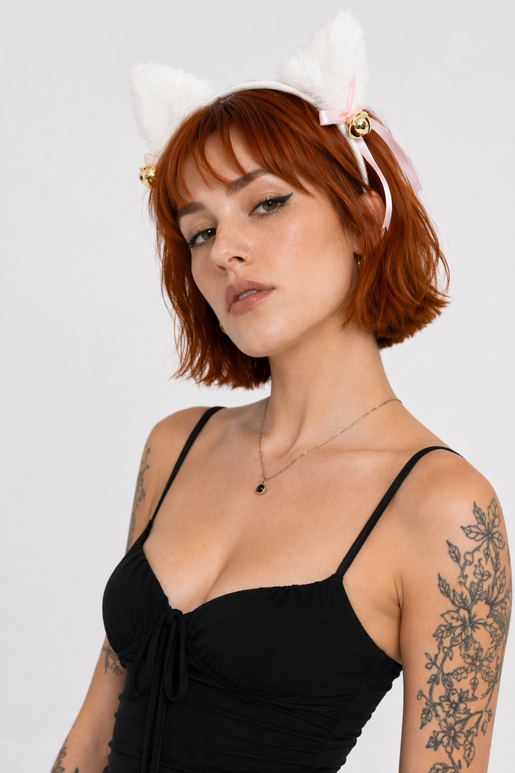 Fuzzy Kitty Cat Ear Headband with Bells and Ribbon White