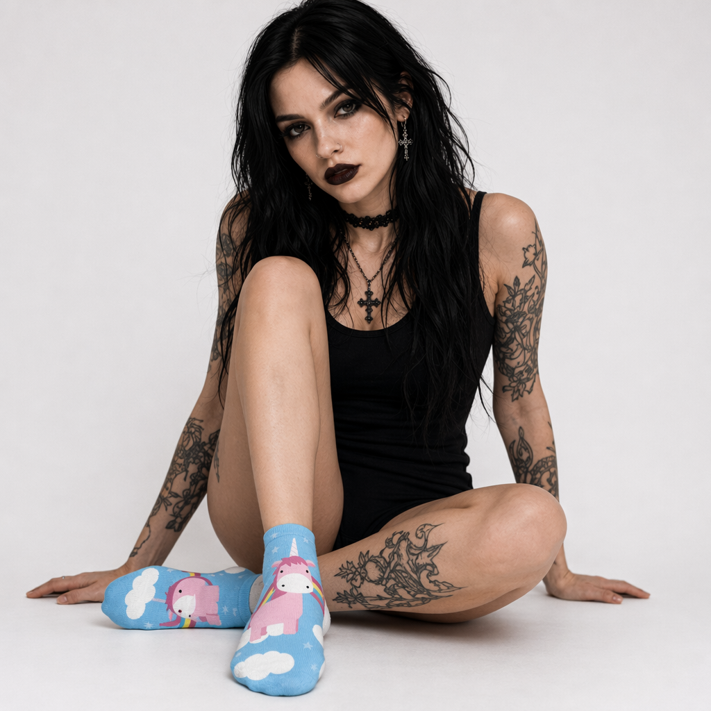 Kawaii Baby Blue Unicorn Ankle Socks with Rainbow and Clouds Default Title