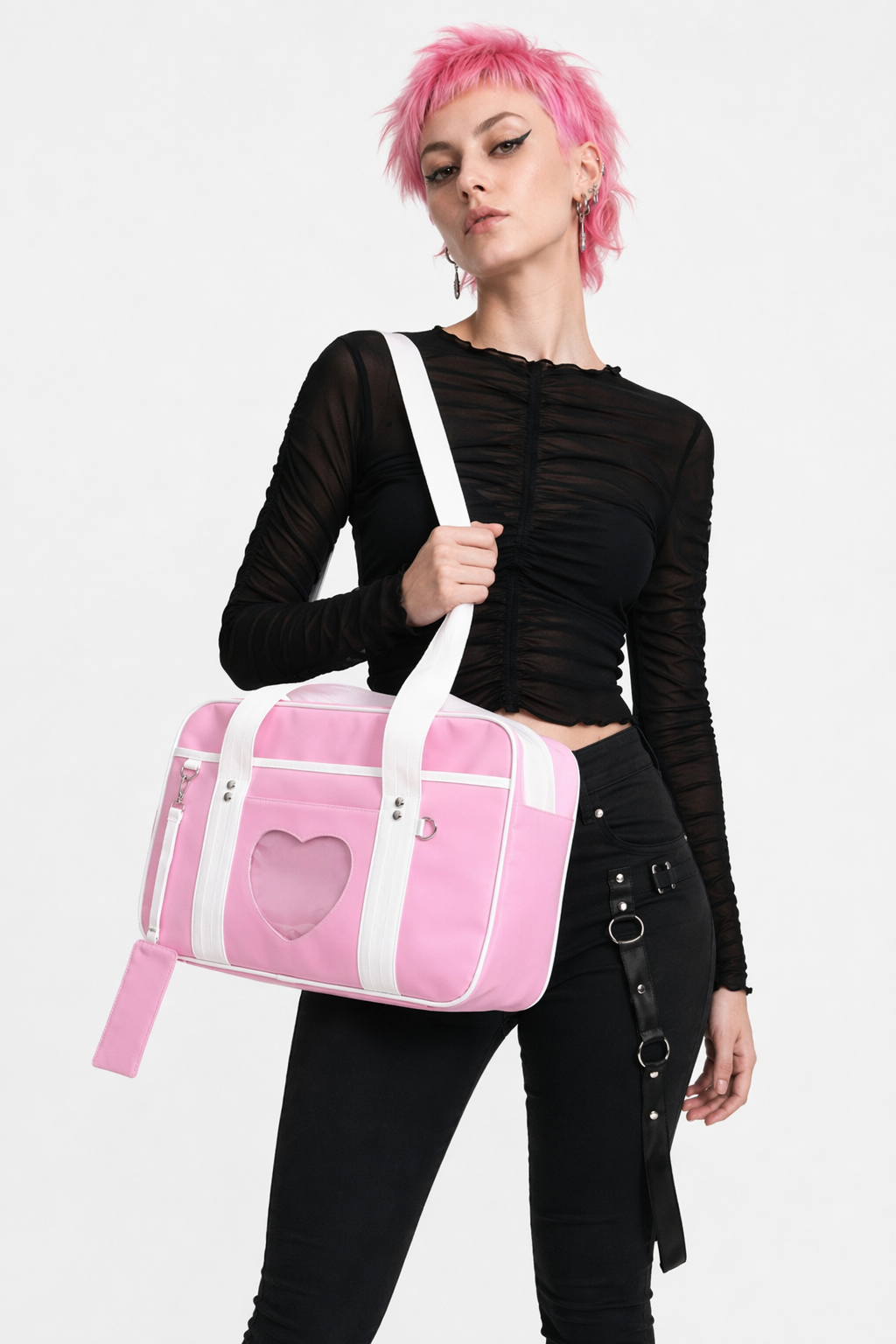 Kawaii Pastel Duffle Bag with Transparent Hearts Pink