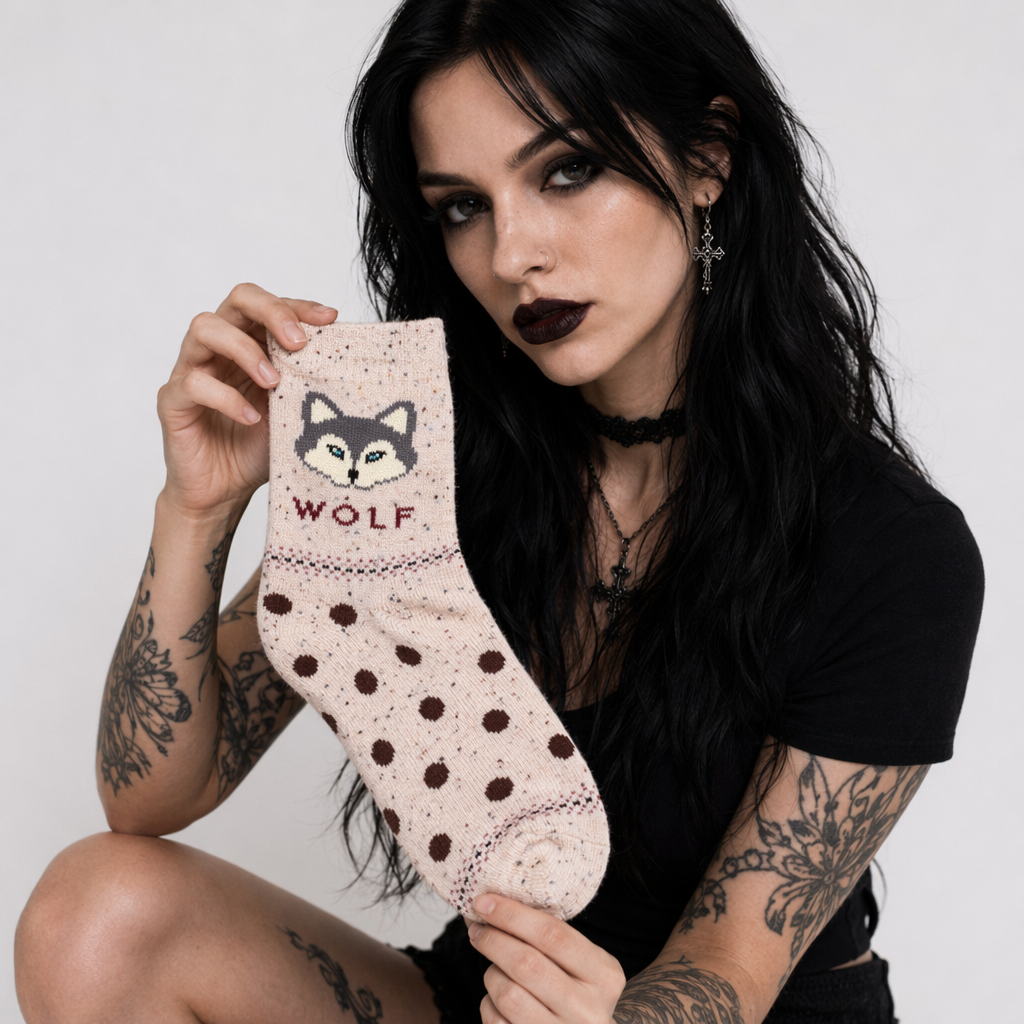 Snow Fox Christmas Socks with Embroidered Design and Vibrant Colors Beige Wolf