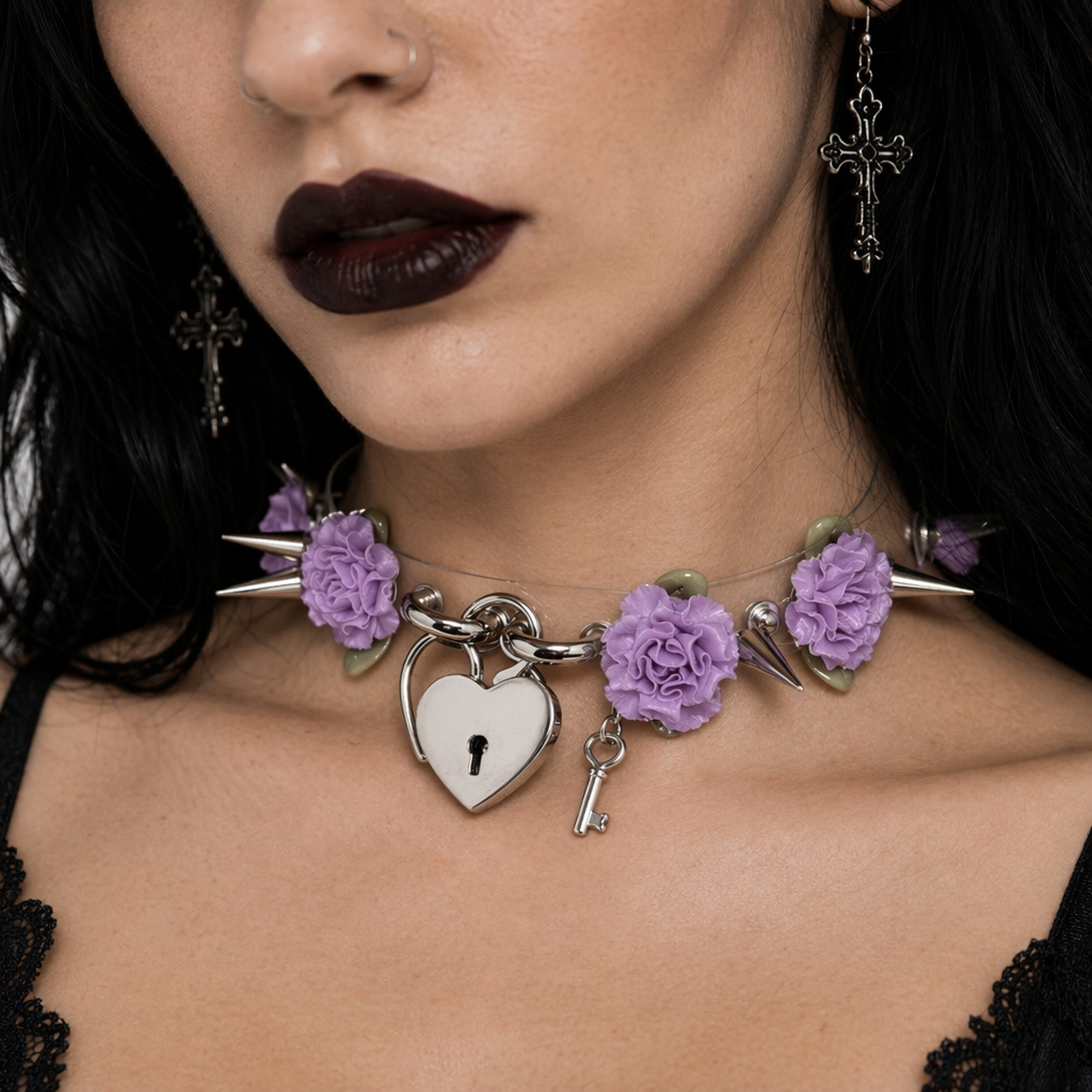 Edgy Floral Choker with Spiky Design and Heart Locket Key Purple Flower Silver
