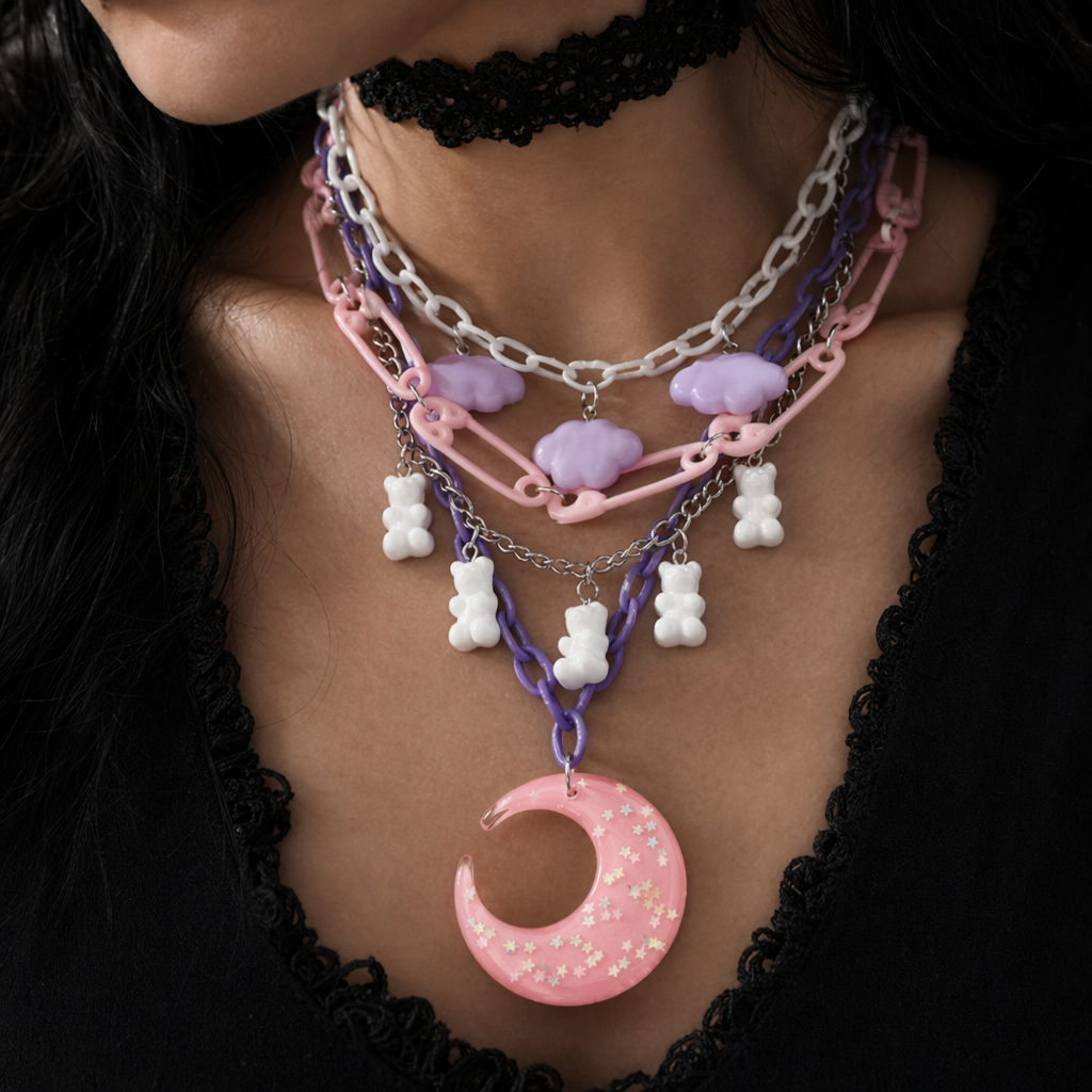 Pastel Cabochon Jewelry with Gummy Bears and Glittery Moons Moon Version