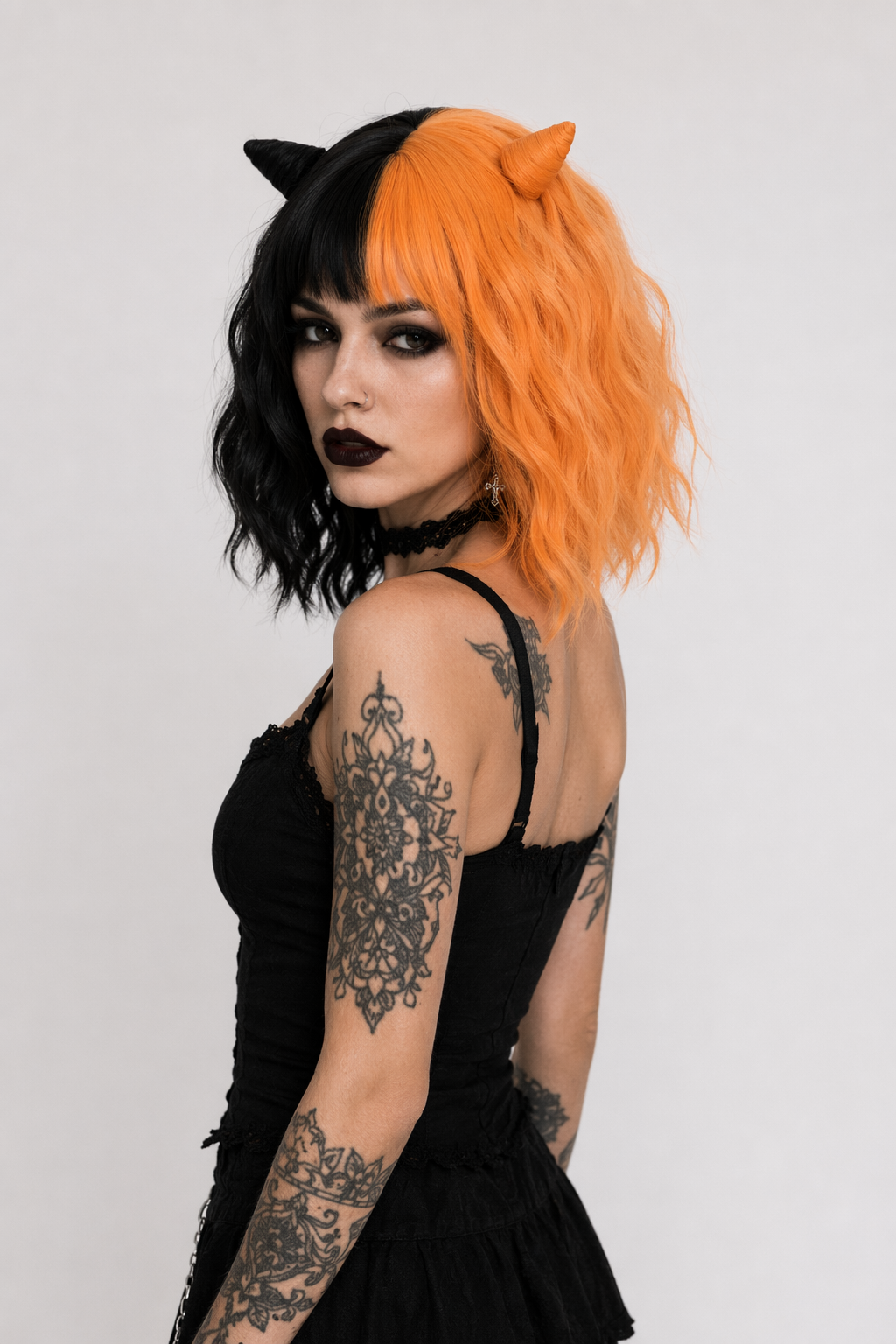 Orange and Black Two Tone Medium Length Lolita Wig in New Condition Wig With Horns