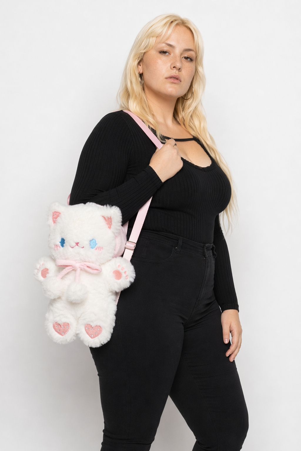 Pastel Furry Kitten Backpack with Hand Embroidered Paws Pink