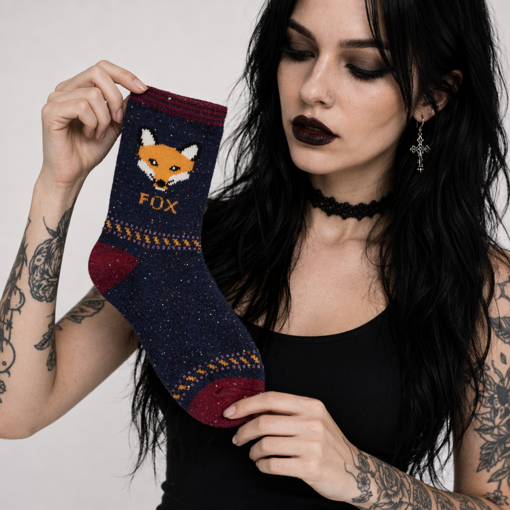 Snow Fox Christmas Socks with Embroidered Design and Vibrant Colors Navy Fox