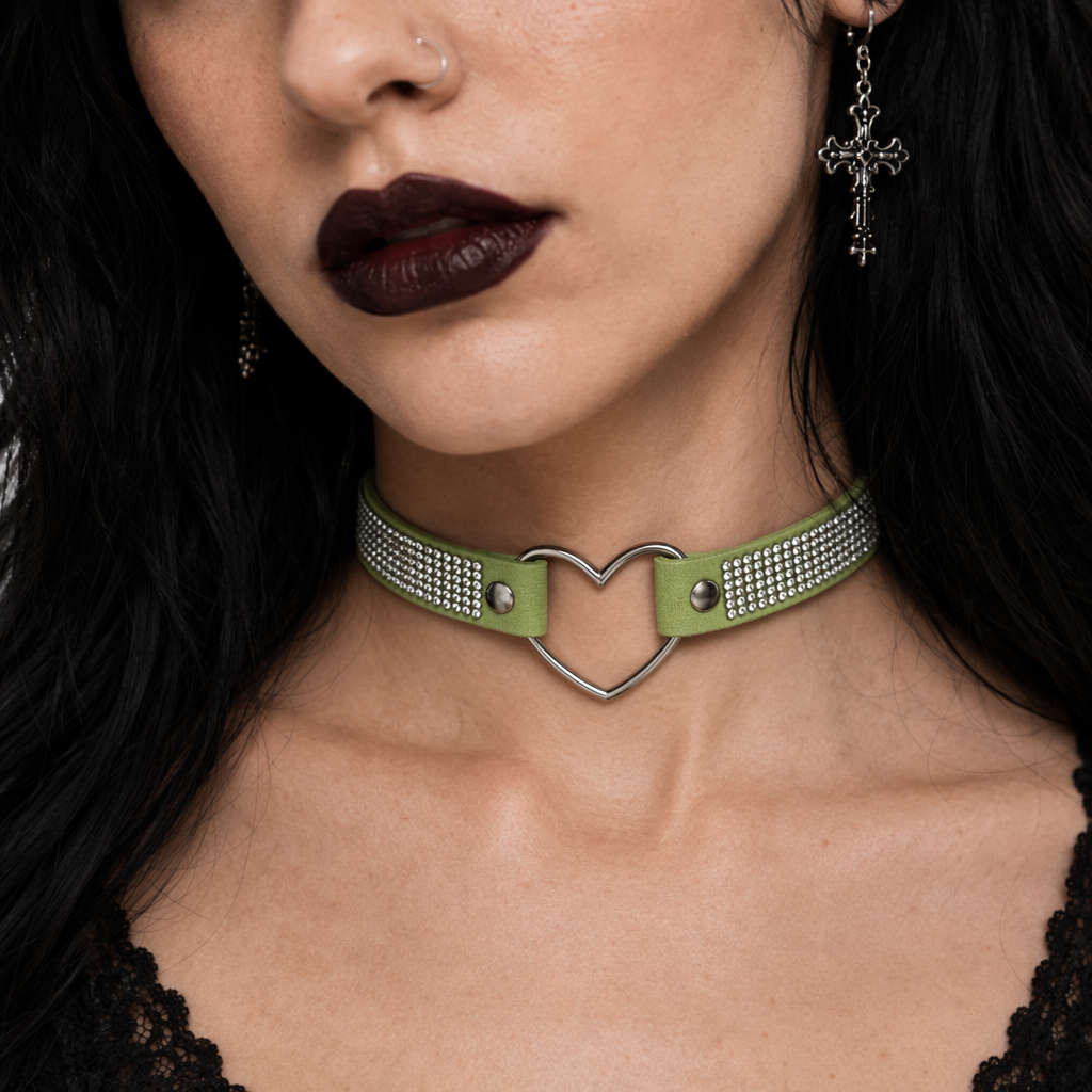 Rhinestone Heart Choker Necklace for Kawaii Aesthetic Princesses Green