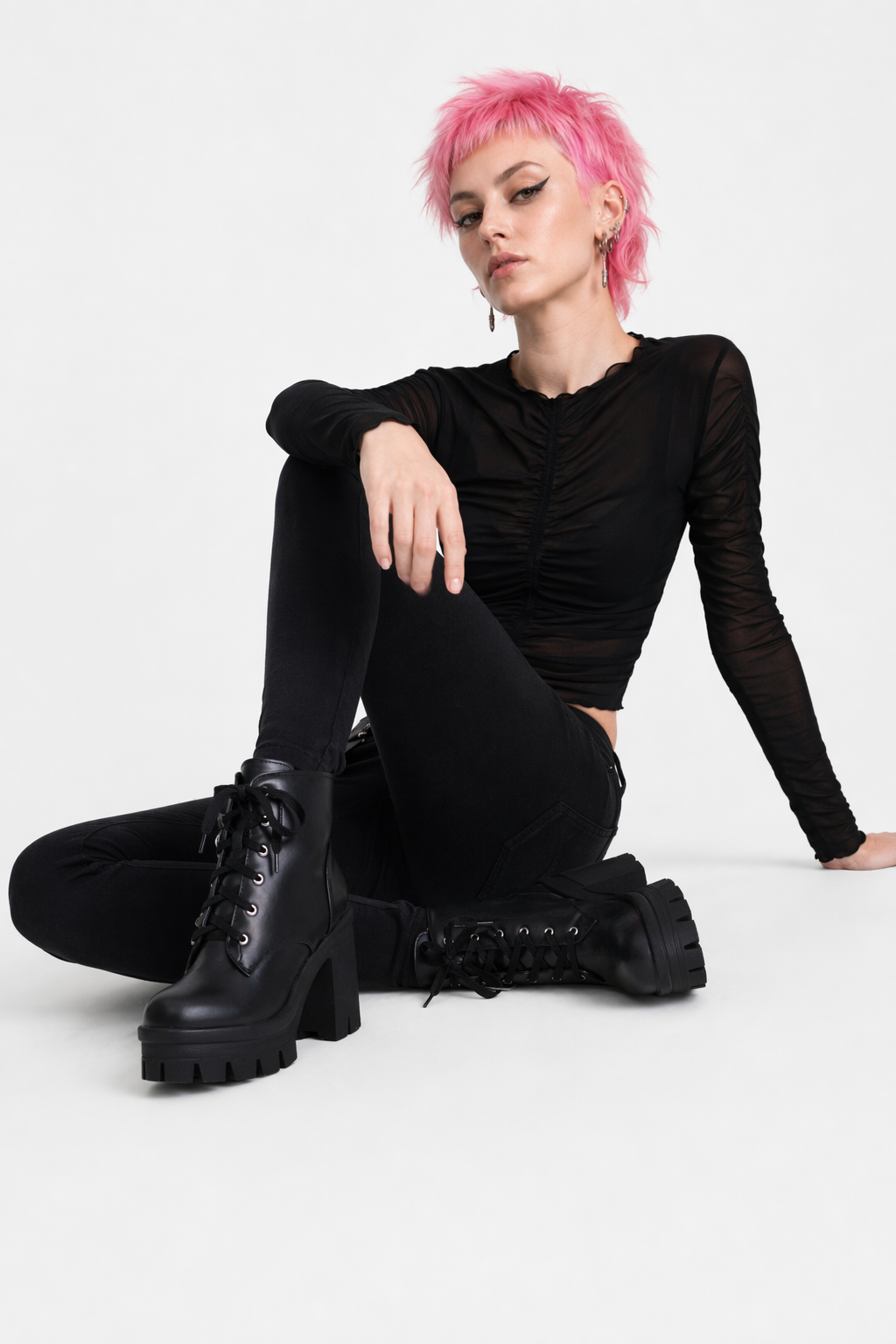 Chunky Square Heel Ankle Boots with Beautiful White Laces in Vegan Leather Black