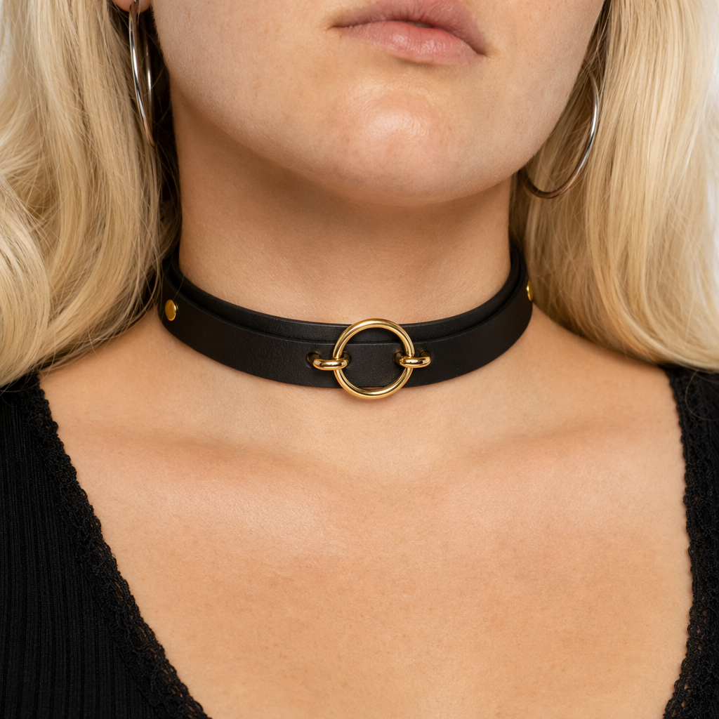 Vegan Leather O-Ring Choker Necklace with Gold Plated Hardware Default