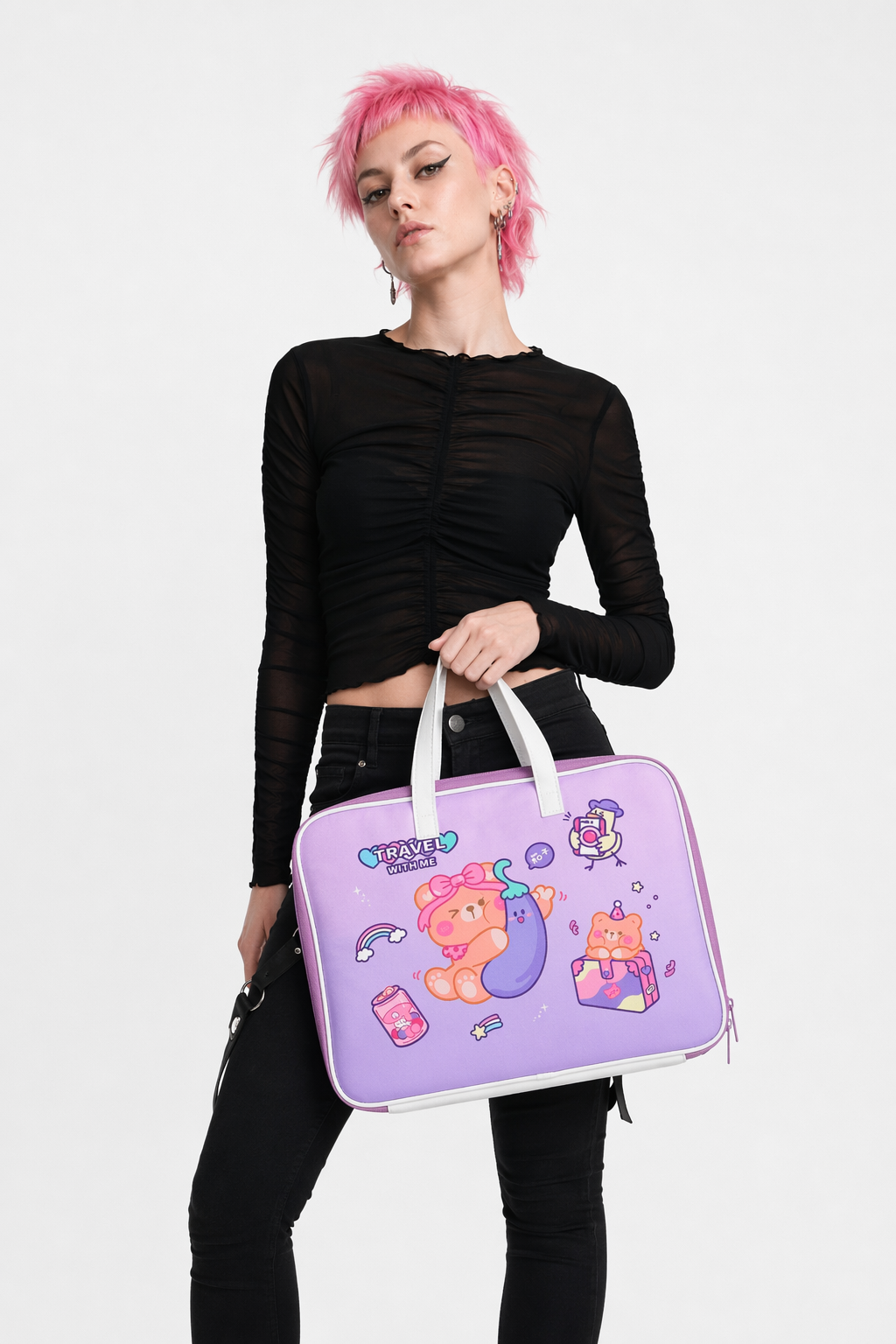 Milky Pastel Fairy-Kei Laptop Cover for Kawaii Aesthetic Lovers Travel Eggplant Bear
