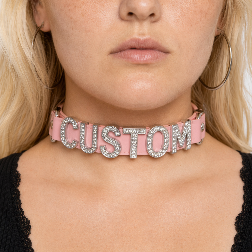 Customizable Vegan Leather Rhinestone Choker Necklace Pink Silver