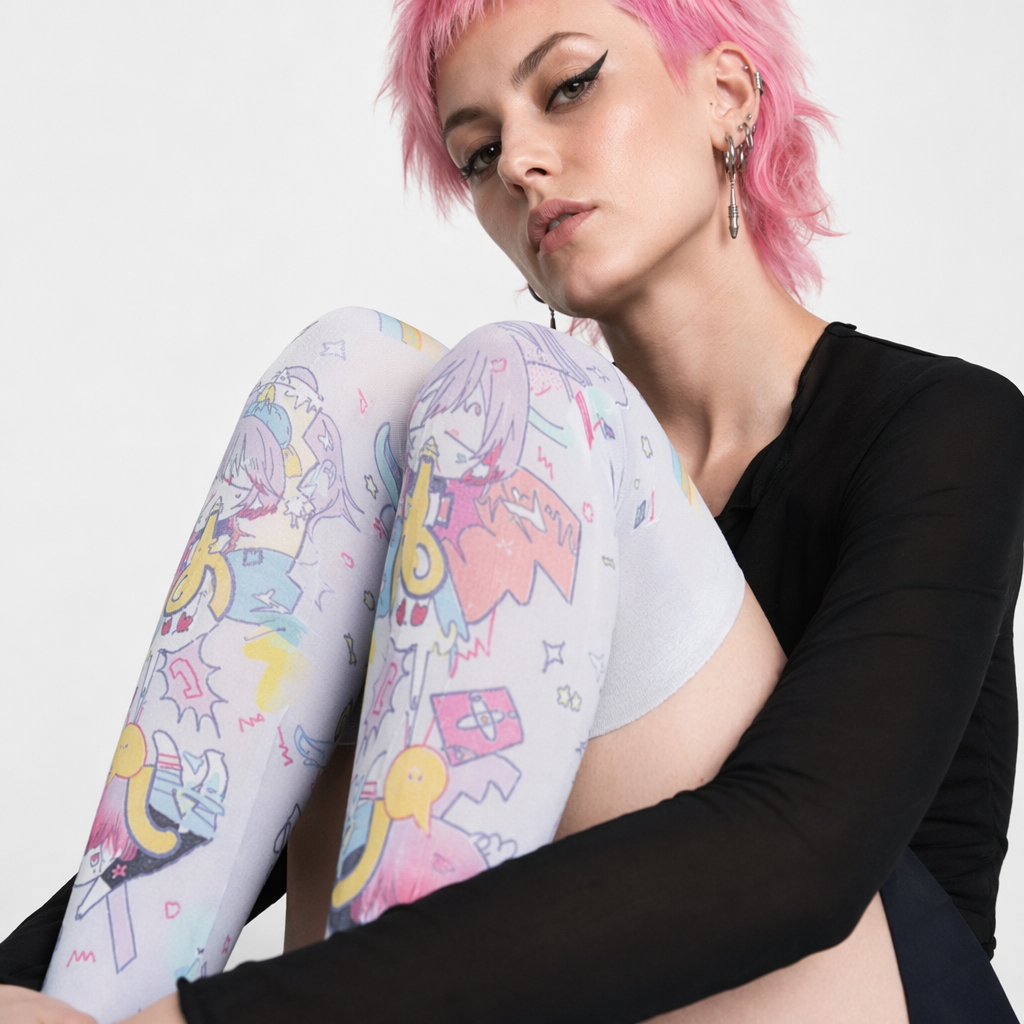Kawaii Explosion Stockings with Vibrant Pastel Inspired Print Fairy Kei Anime