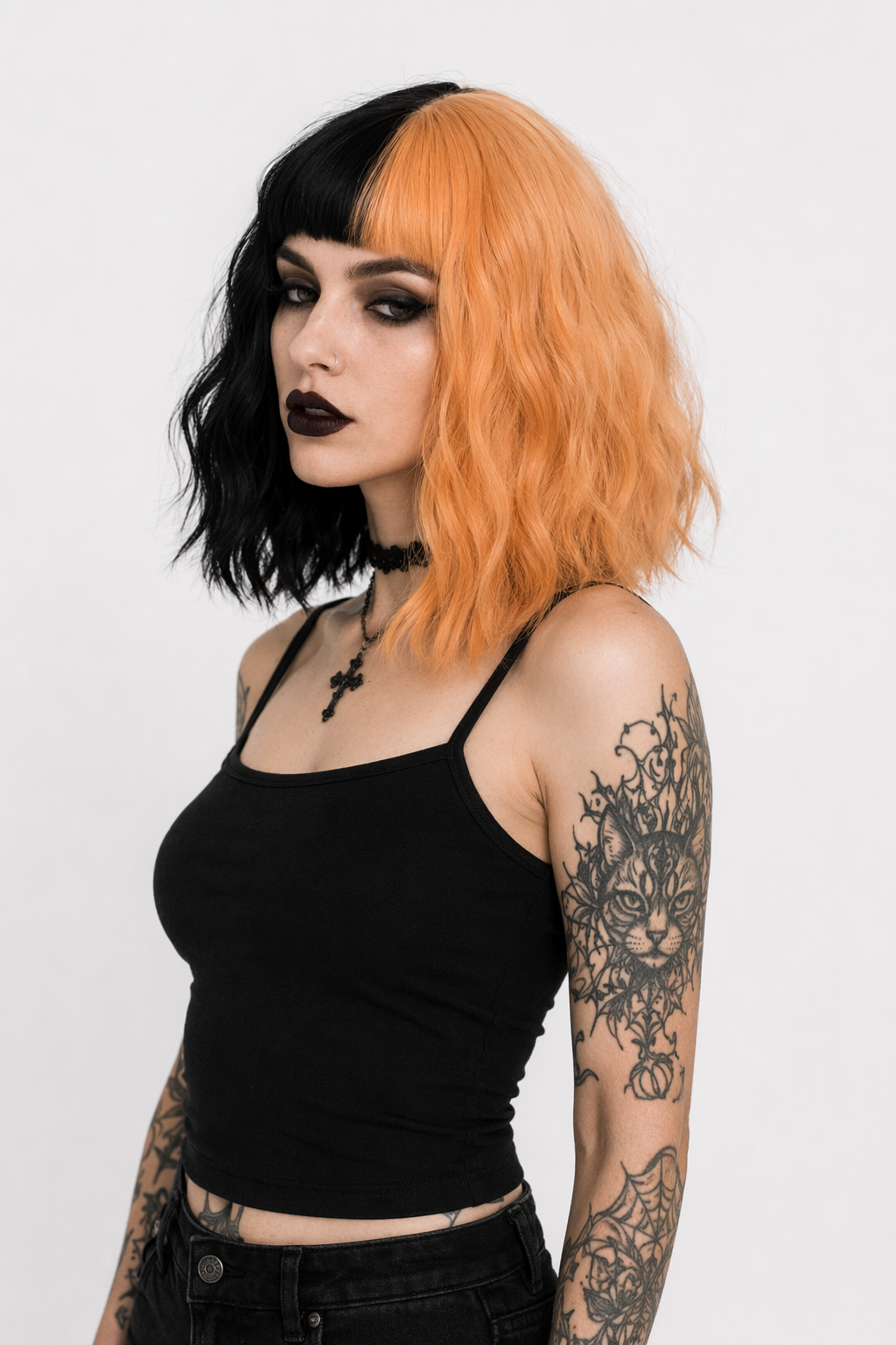 Orange and Black Two Tone Medium Length Lolita Wig in New Condition Wig Without Horns