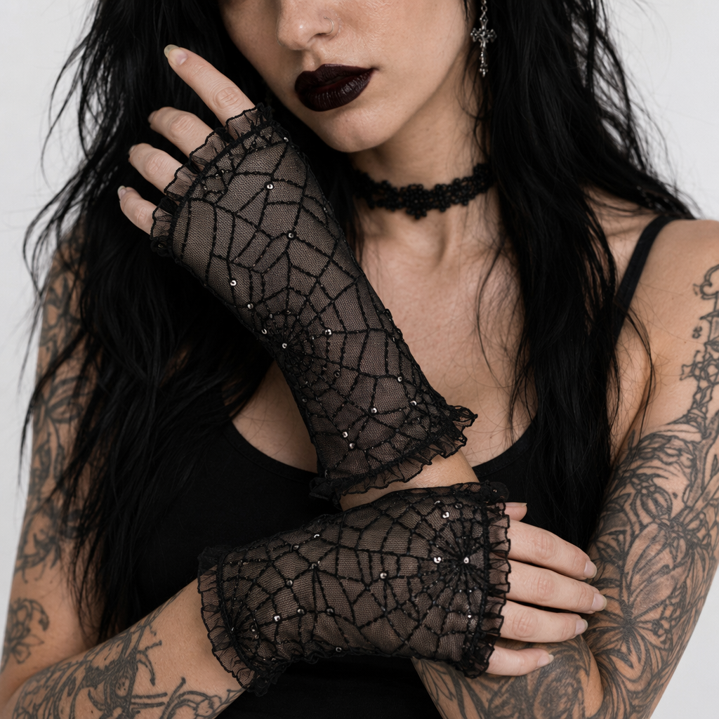 Creepy Cute Spider Web Fishnet Gloves for Gothic Styling Black with Sequins