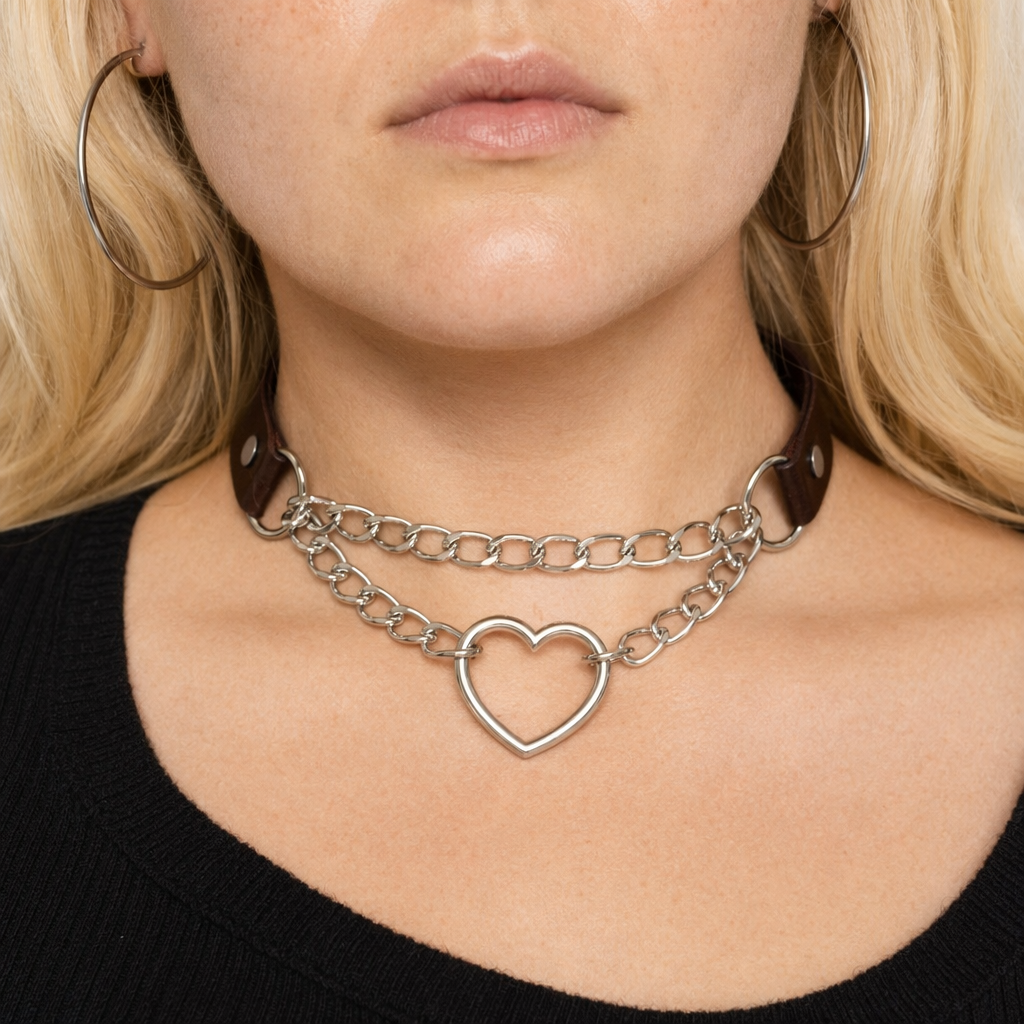 Thick Vegan Leather Chained Heart Choker Necklace Coffee