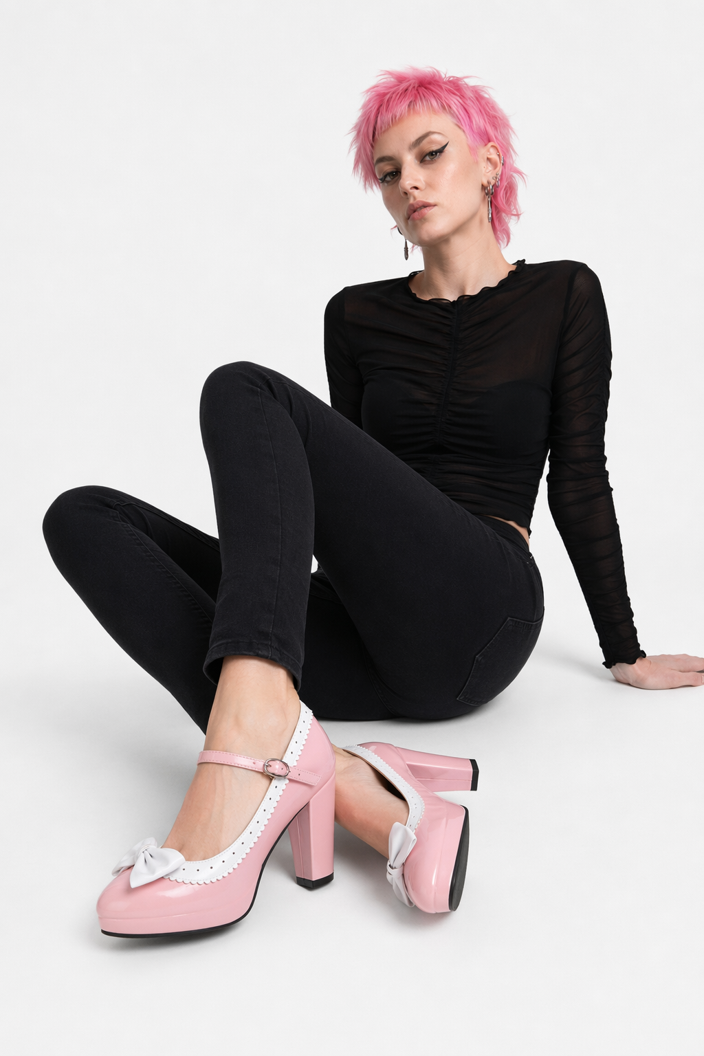 Sweet Lolita Heels with Lace Trim and Bow in Toe Version Pink Pointed Toe